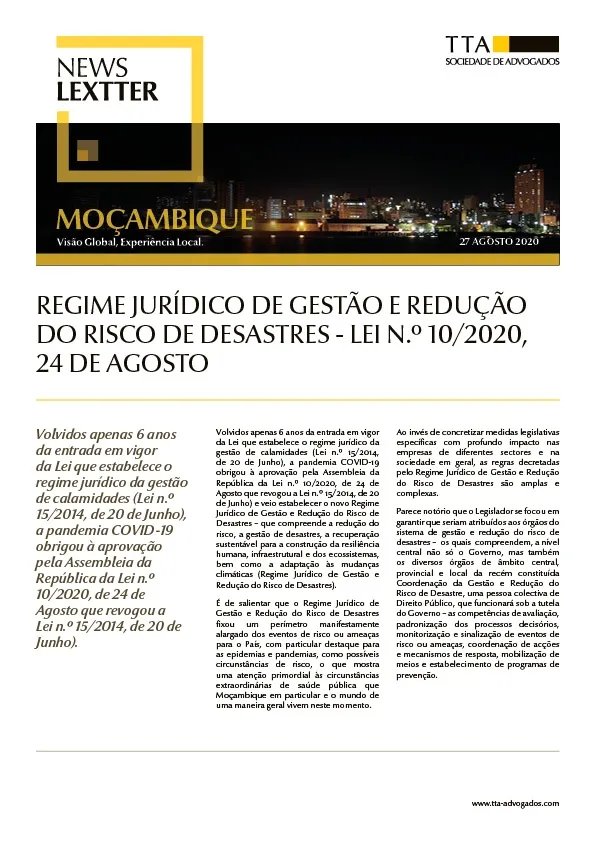 Regime Jurídico de Gestão e Redução do Risco de Desastres - Lei N.º 10/2020, 24 de Agosto