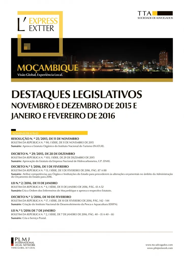 Moçambique - Destaques Legislativos de Novembro e Dezembro de 2015 e Janeiro e Fevereiro de 2016