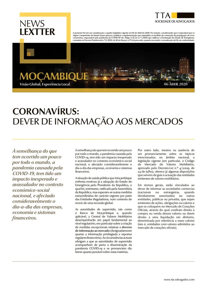 CORONAVÍRUS: Dever de Informação aos Mercados