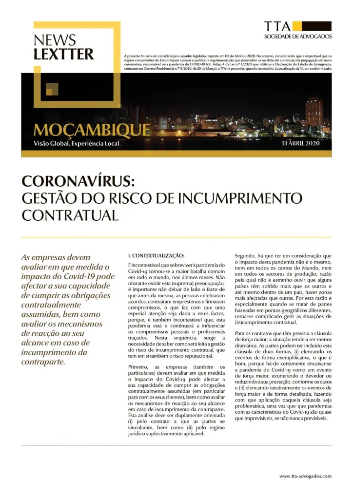 CORONAVÍRUS: Gestão do Risco de Incumprimento Contratual