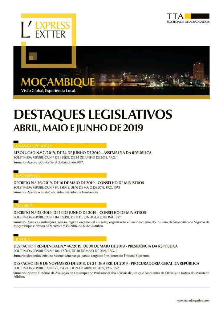 Moçambique - Destaques Legislativos de Abril, Maio e Junho de 2019
