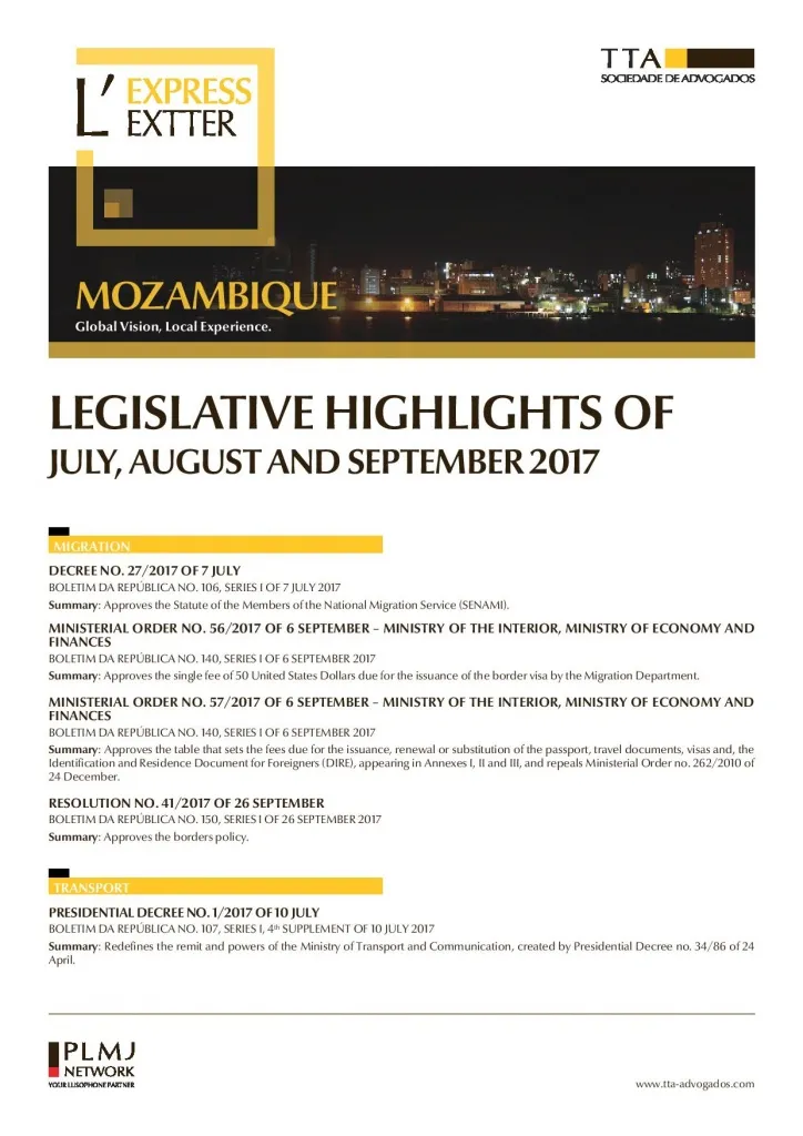 Mozambique - Legislative Highlights July, August and September 2017
