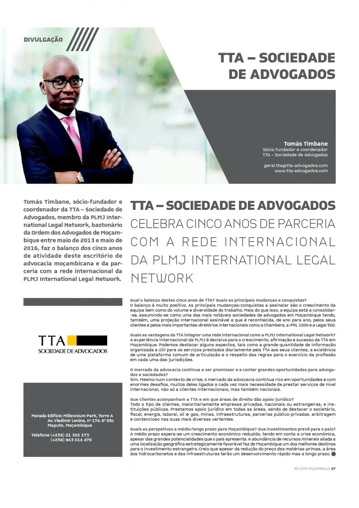 Interview with Tomás Timbane in the magazine of the Portugal-Mozambique Chamber of Commerce