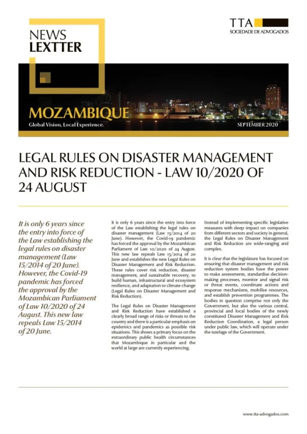 Legal Rules on Disaster Management and Risk Reduction - Law 10/2020 of 24 August