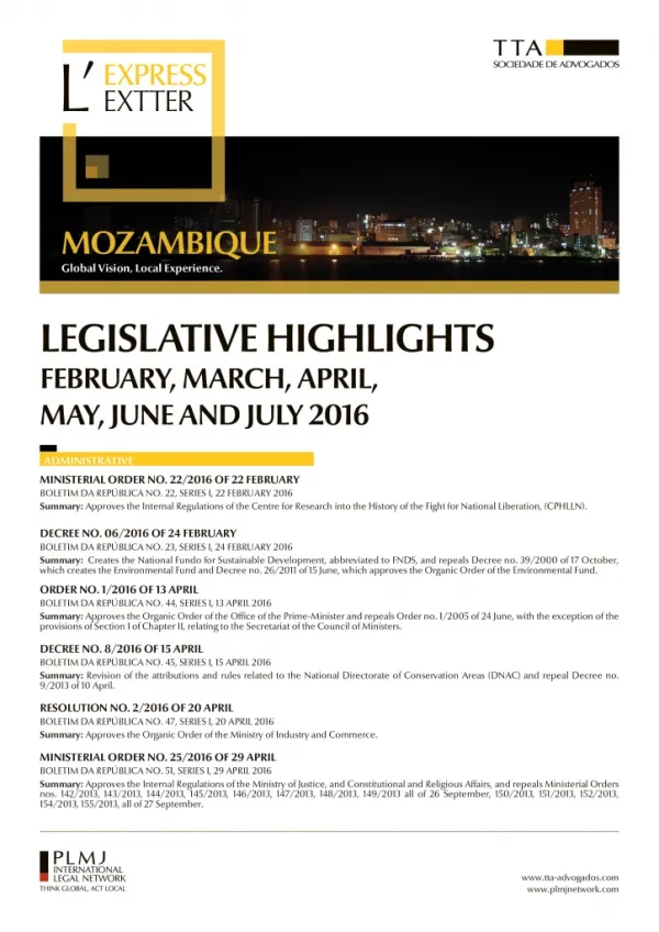 Mozambique - Legislative Highlights February, March, April, May, June and July 2016