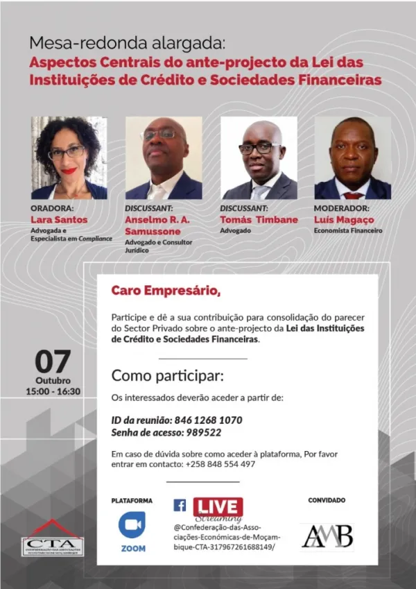 Tomás Timbane orador em debate sobre Lei das Instituições de Crédito e Sociedades Financeiras